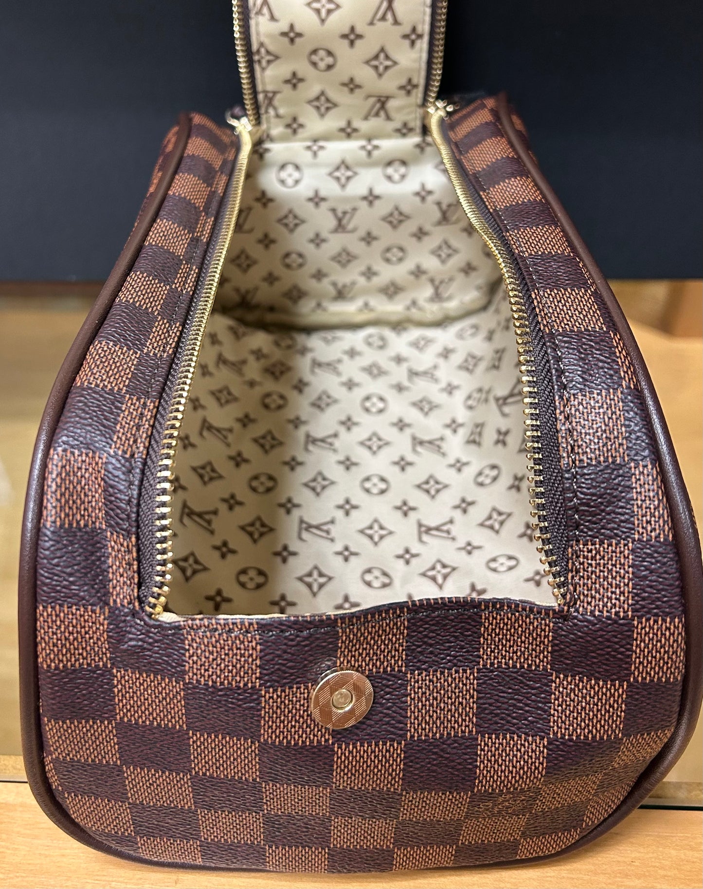 Brown Grid Toiletry Bag